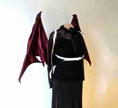 Front closed view of dragon demon bat wings DIY instructions sewing pattern.