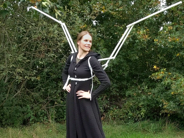 Open side view of moving wings for cosplay wing set by chimera wings.